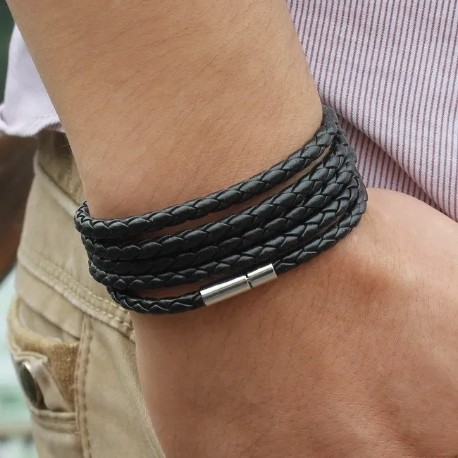 brand black retro Wrap Long leather bracelet men bangles fashion sproty Chain link male charm bracelet with 5 laps