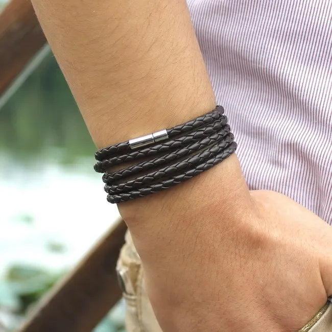 brand black retro Wrap Long leather bracelet men bangles fashion sproty Chain link male charm bracelet with 5 laps