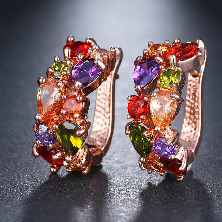 Luxury Rose Gold Color Earrings Flash CZ Zircon Ear Studs 12 Colors Earrings Women  brincos