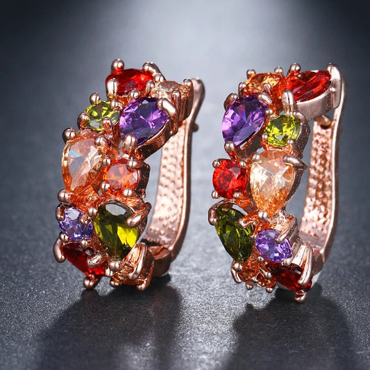 Luxury Rose Gold Color Earrings Flash CZ Zircon Ear Studs 12 Colors Earrings Women  brincos