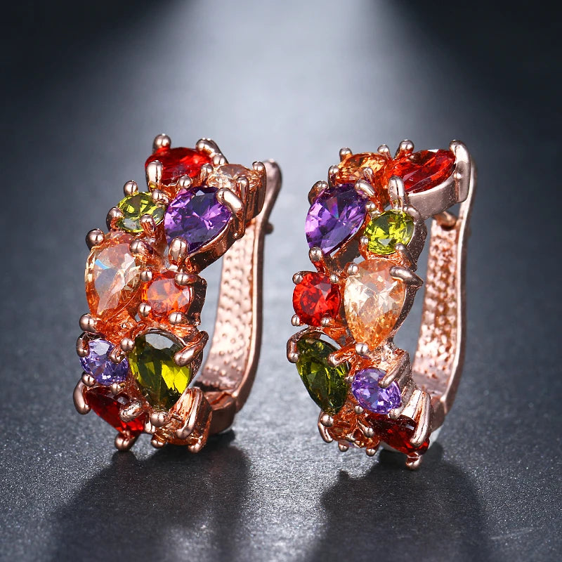 Luxury Rose Gold Color Earrings Flash CZ Zircon Ear Studs 12 Colors Earrings Women  brincos