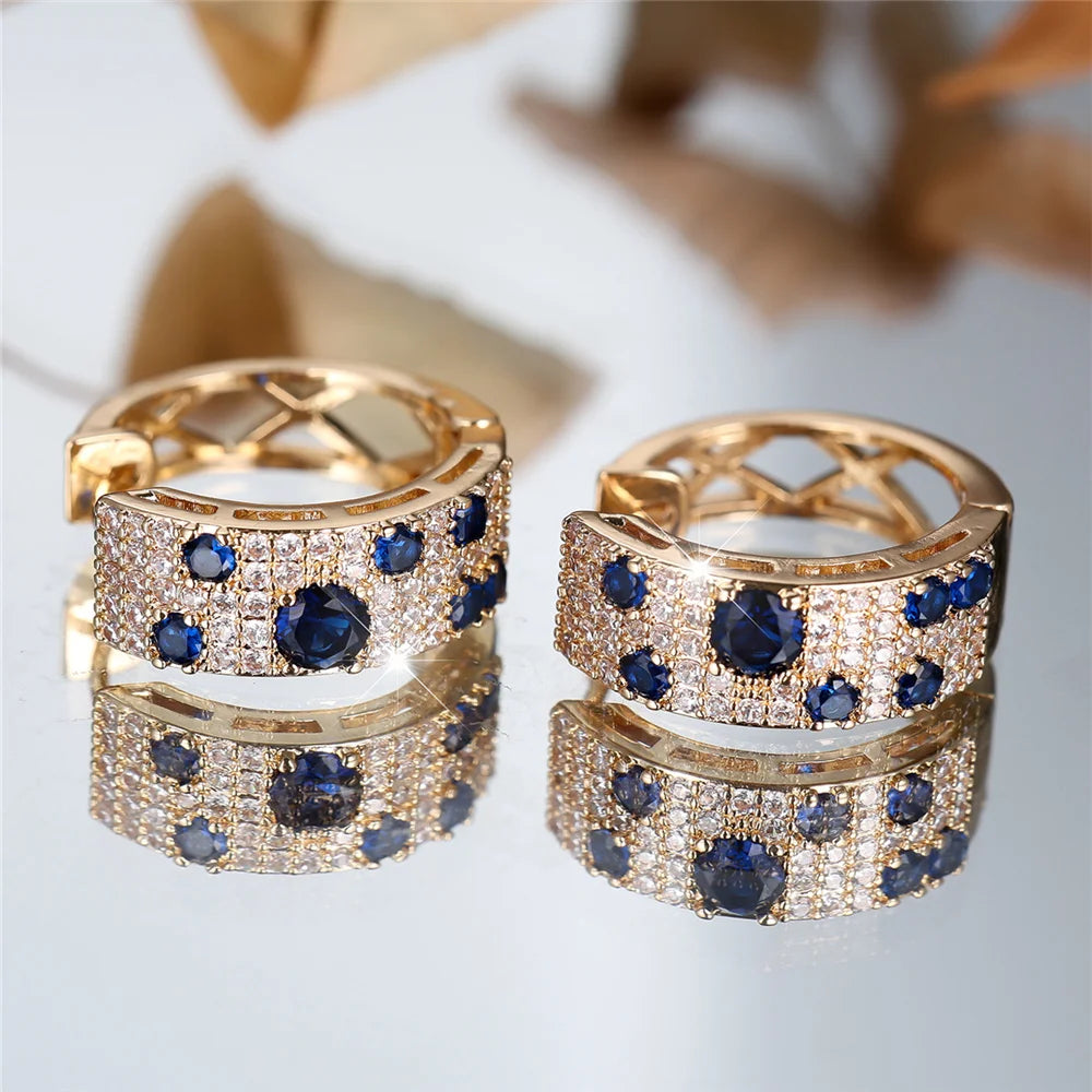 Cute Female White Blue Zircon Stone Round Hoop Earrings Fashion Gold Color Wedding Jewelry For Women