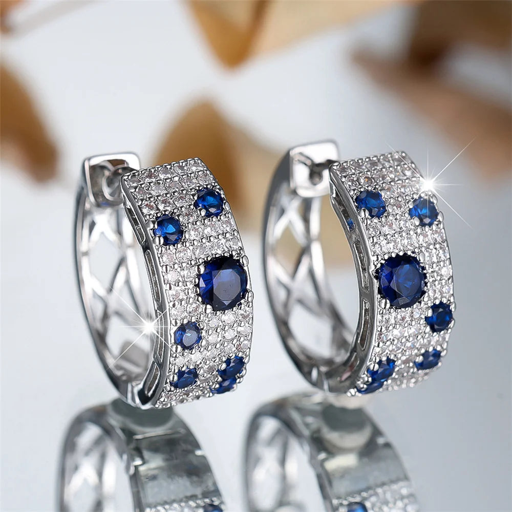 Cute Female White Blue Zircon Stone Round Hoop Earrings Fashion Gold Color Wedding Jewelry For Women