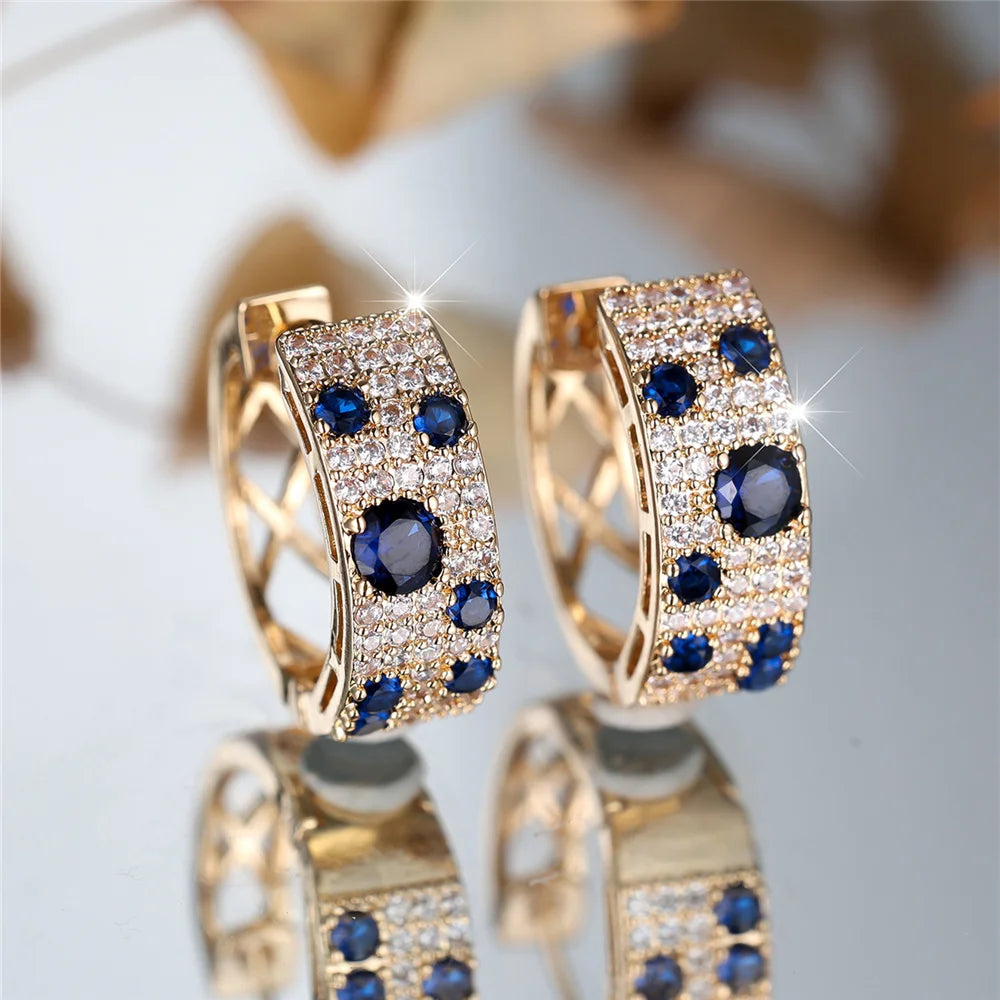 Cute Female White Blue Zircon Stone Round Hoop Earrings Fashion Gold Color Wedding Jewelry For Women