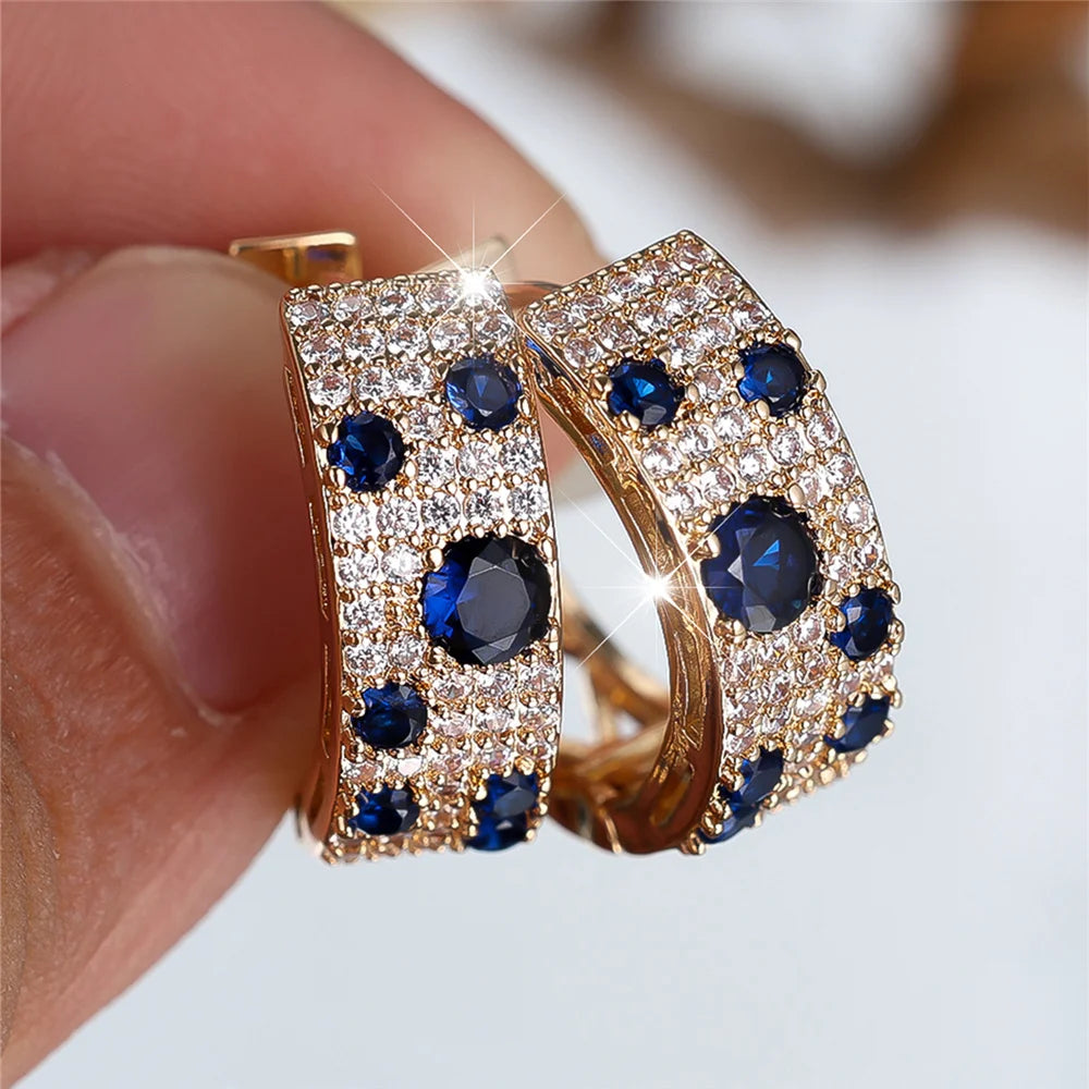 Cute Female White Blue Zircon Stone Round Hoop Earrings Fashion Gold Color Wedding Jewelry For Women