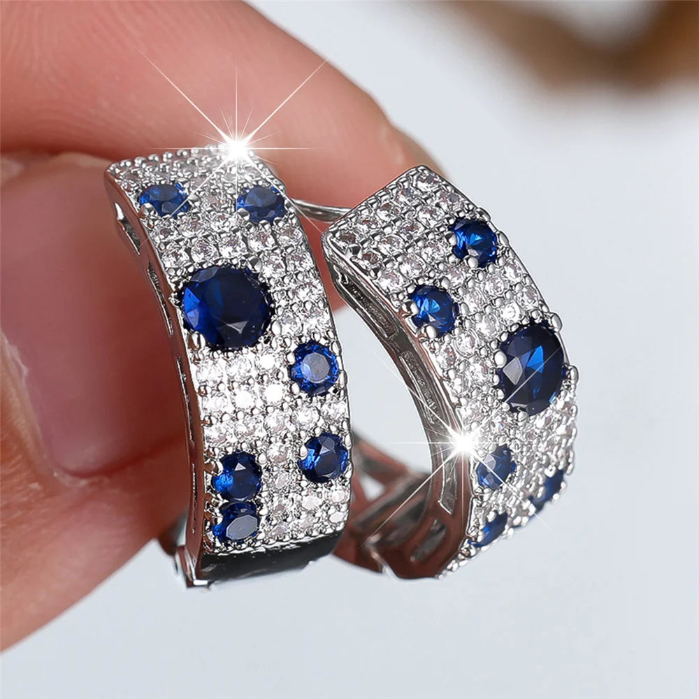 Cute Female White Blue Zircon Stone Round Hoop Earrings Fashion Gold Color Wedding Jewelry For Women